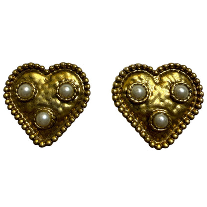 Vintage Gold Tone Heart Pearl Clip On Earrings