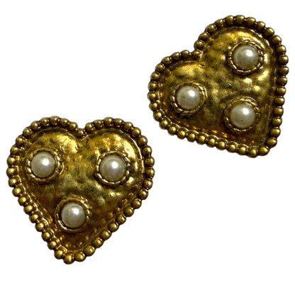 Vintage Gold Tone Heart Pearl Clip On Earrings