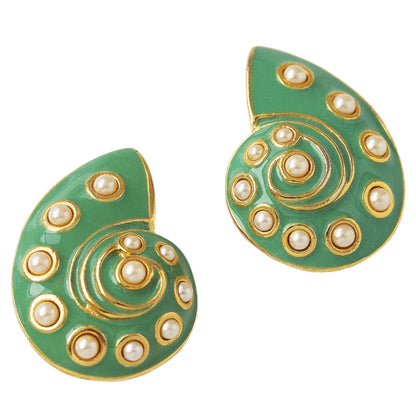 Kenneth Jay Lane Seafoam Enamel Nautilus Shell Clip-On Earrings