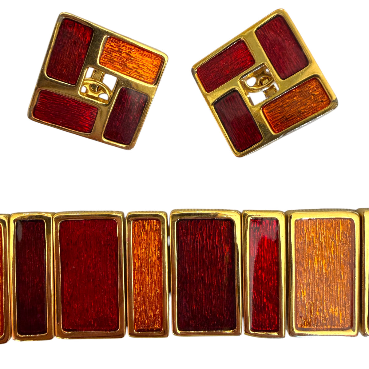 1970's Joël Orange &  Red Enamel Panels Bracelet and Matching Squared Earrings
