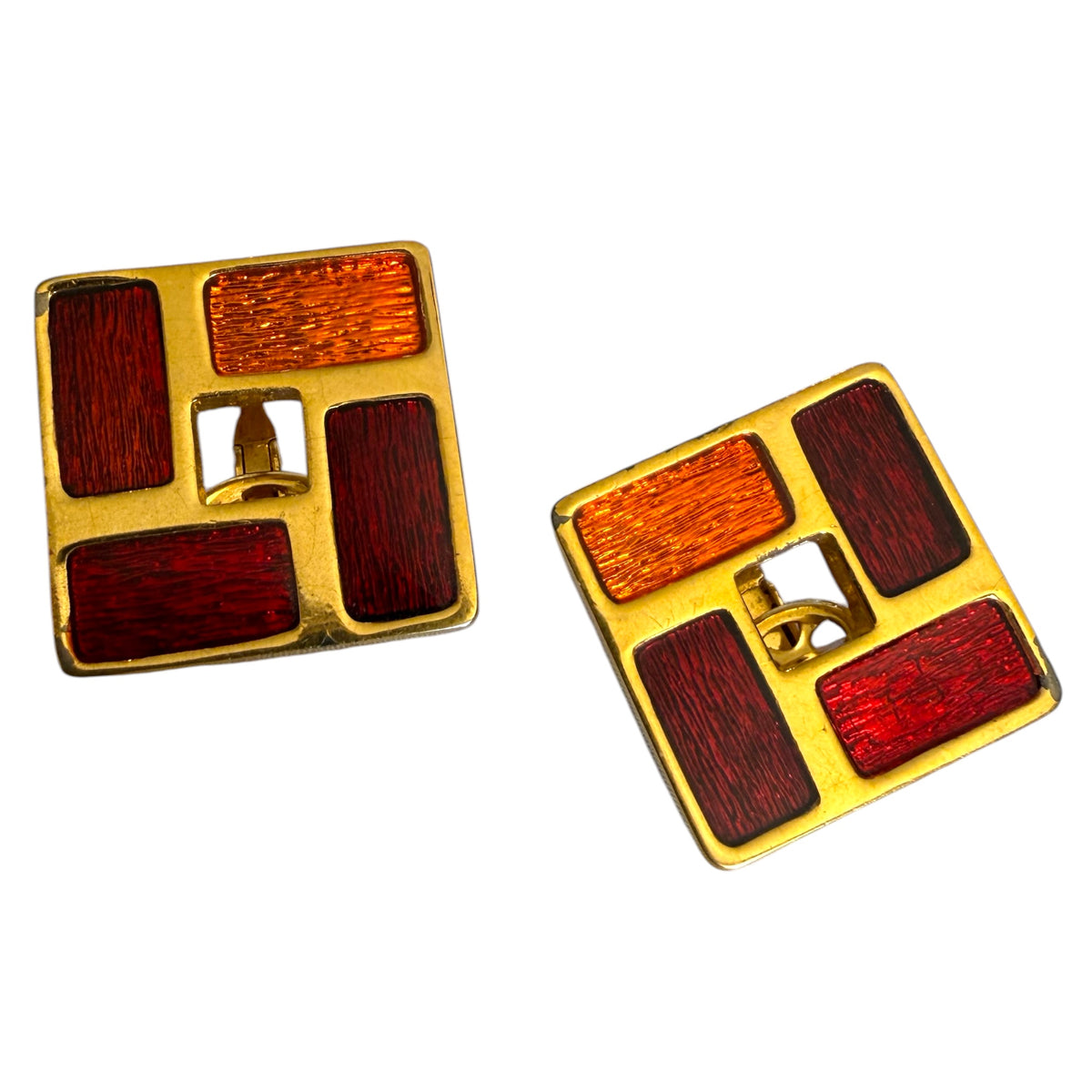 1970's Joël Orange &  Red Enamel Panels Bracelet and Matching Squared Earrings