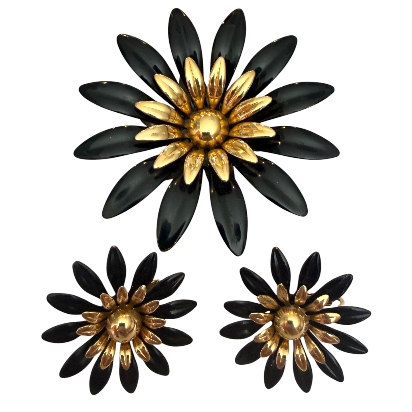 Sarah Coventry Black Flower Brooch And Earrings Set