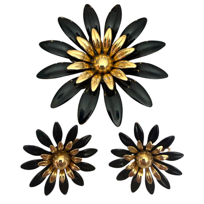 Sarah Coventry Black Flower Brooch And Earrings Set