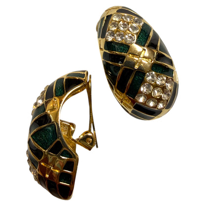 1990's Green Enamel Quilted Half Hoop Clip On Earrings