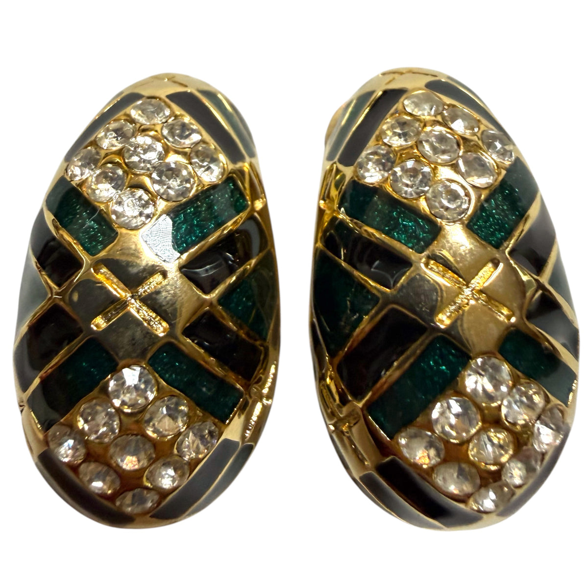 1990's Green Enamel Quilted Half Hoop Clip On Earrings