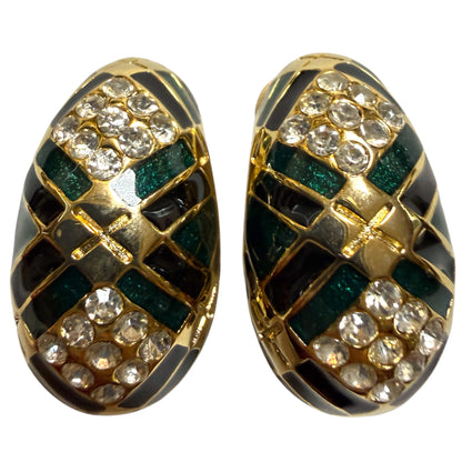 1990's Green Enamel Quilted Half Hoop Clip On Earrings