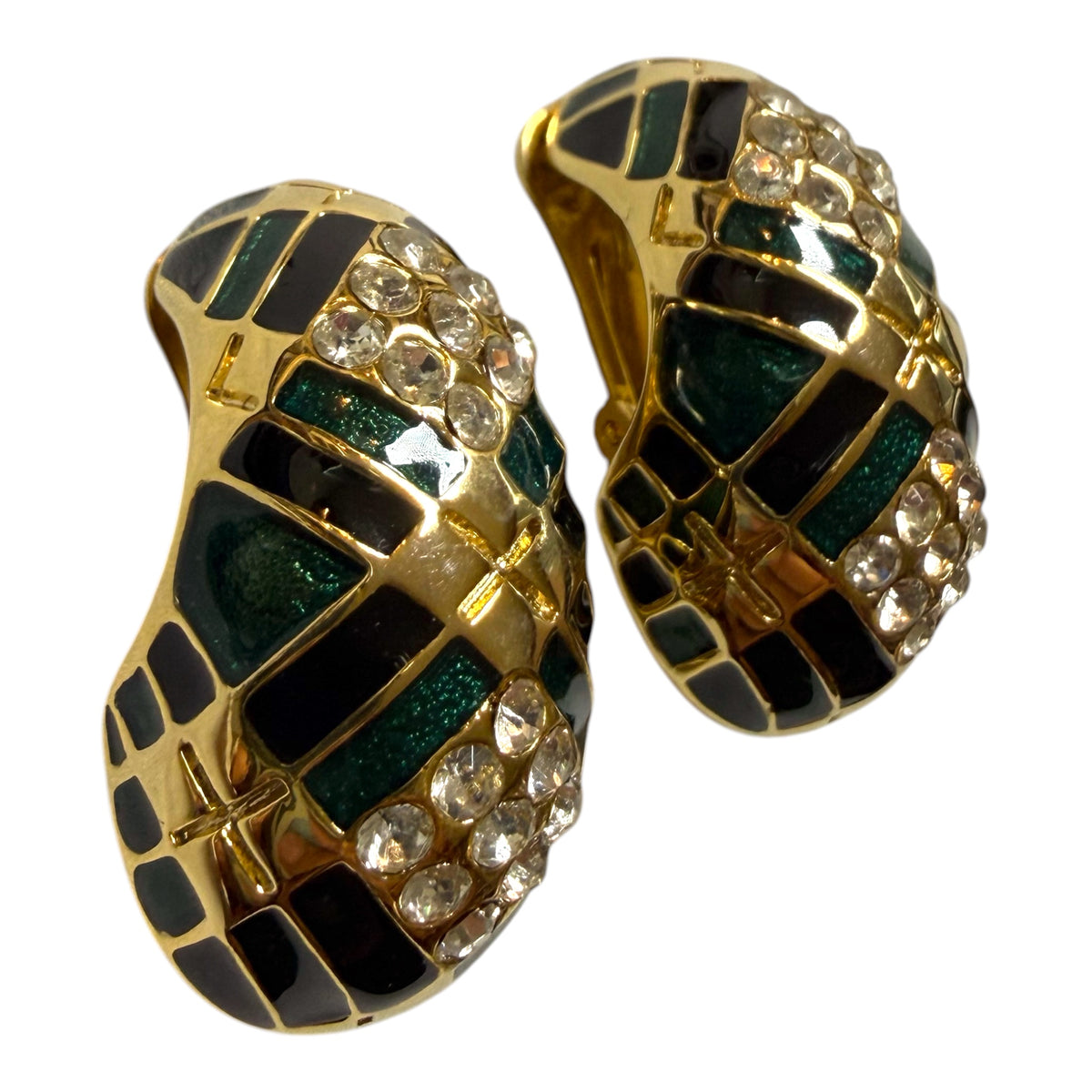 1990's Green Enamel Quilted Half Hoop Clip On Earrings