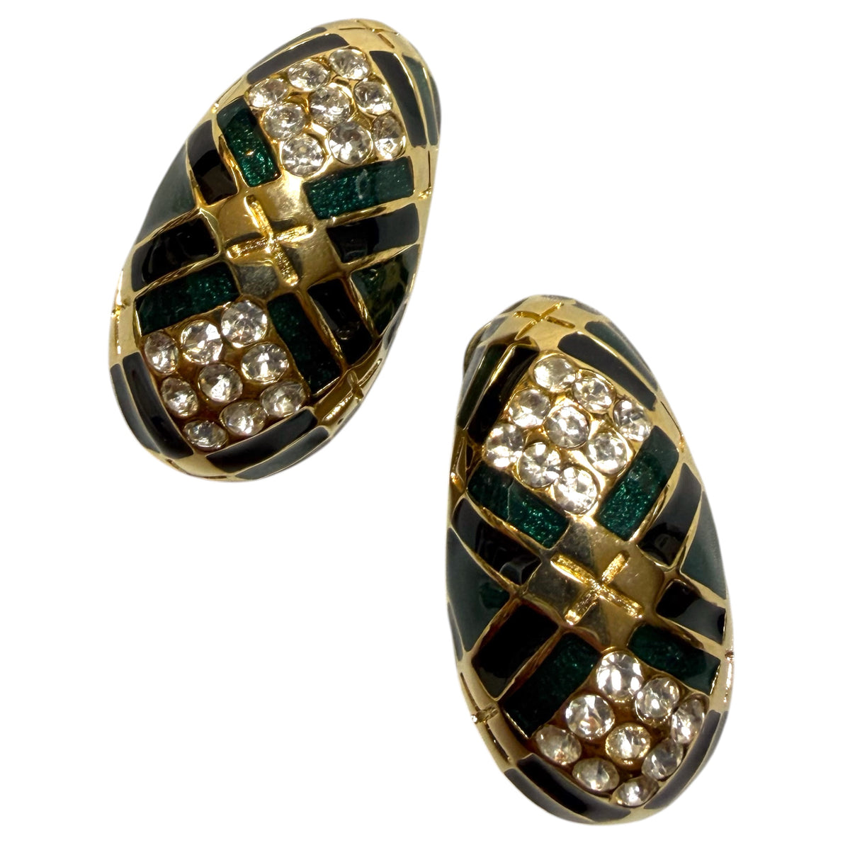 1990's Green Enamel Quilted Half Hoop Clip On Earrings