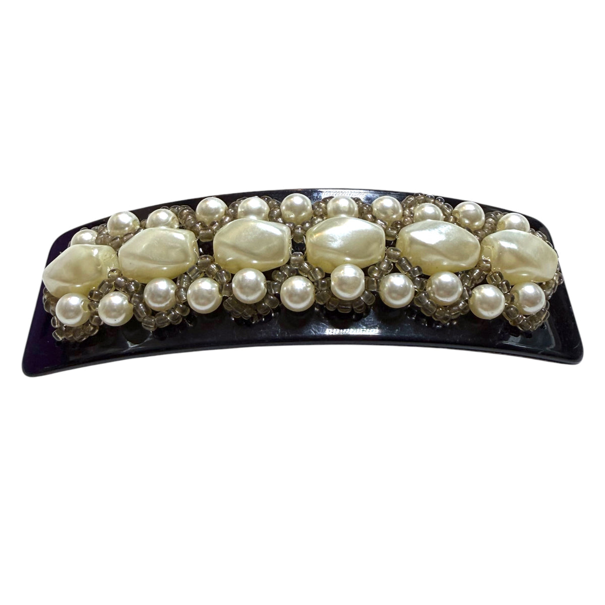 1980's Black Hair Barrette With Faux Pearls