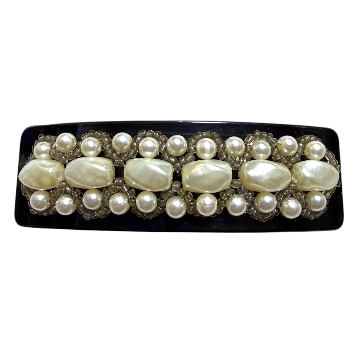 1980's Black Hair Barrette With Faux Pearls