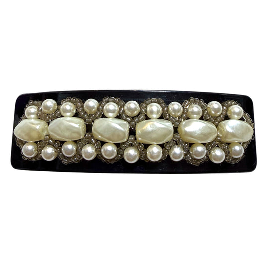 1980's Black Hair Barrette With Faux Pearls