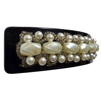 1980's Black Hair Barrette With Faux Pearls