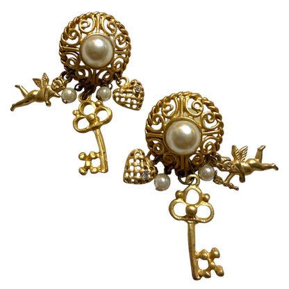 Vintage Inspired Cherub And Key Dangle Pierced Earrings