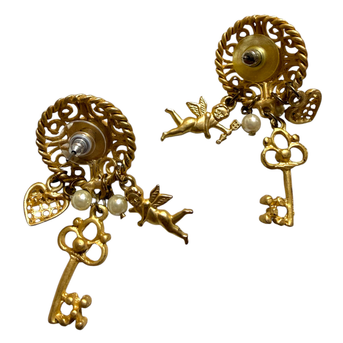 Vintage Inspired Cherub And Key Dangle Pierced Earrings