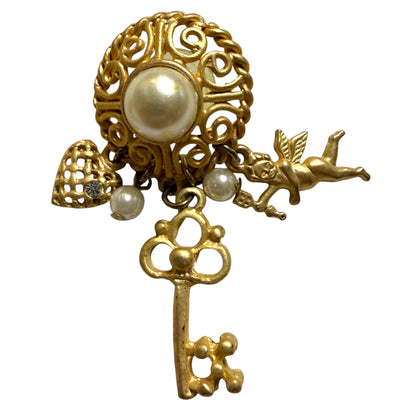 Vintage Inspired Cherub And Key Dangle Pierced Earrings