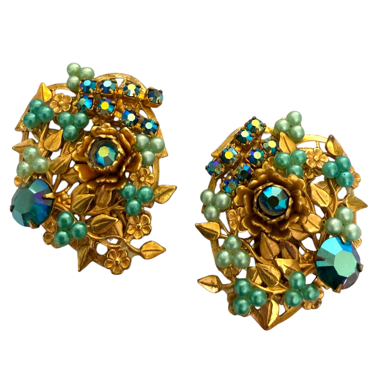 1950s Blue-Green Botanical Clip On Earrings