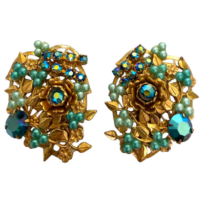1950s Blue-Green Botanical Clip On Earrings
