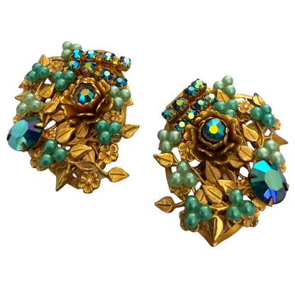 1950s Blue-Green Botanical Clip On Earrings