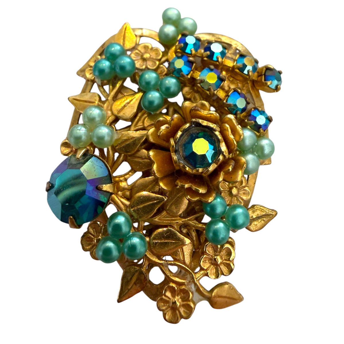 1950s Blue-Green Botanical Clip On Earrings