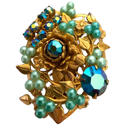 1950s Blue-Green Botanical Clip On Earrings