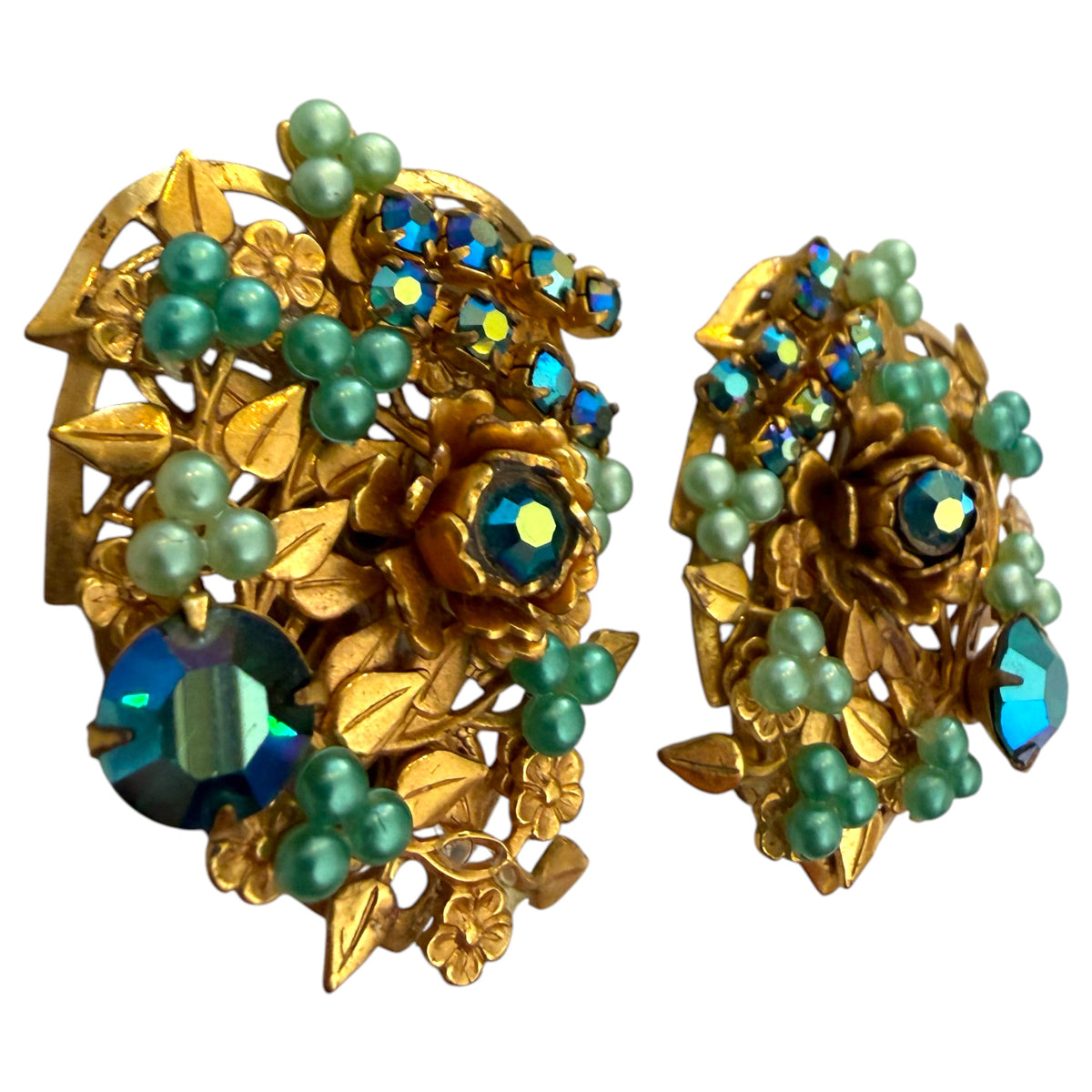 1950s Blue-Green Botanical Clip On Earrings