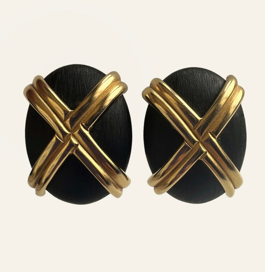 Large F.O. Inc Oval Shaped Black Resin Clip On Earrings