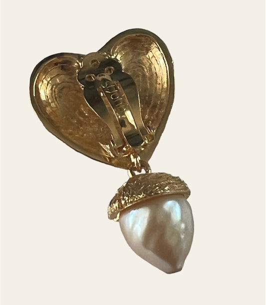1990's St. John Gold tone Heart Shaped dangle clip on Earrings with faux Pearls