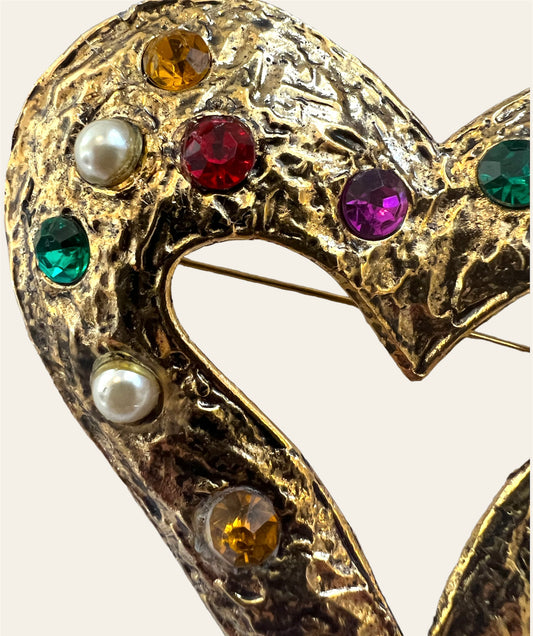 1980's Large Heart Gold Tone Metal Brooch In Hammedred Gilt Bronze