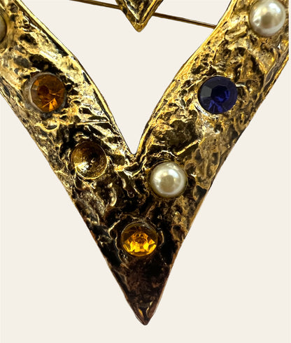 1980's Large Heart Gold Tone Metal Brooch In Hammedred Gilt Bronze