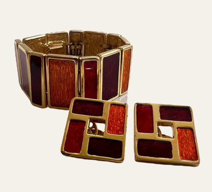 1970's Joël Orange &  Red Enamel Panels Bracelet and Matching Squared Earrings