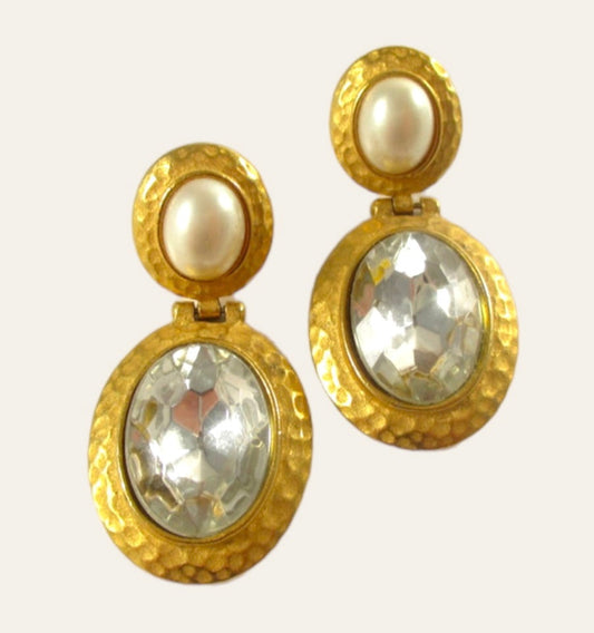 1980's Gold Tone Faux Pearl Dangle Earrings