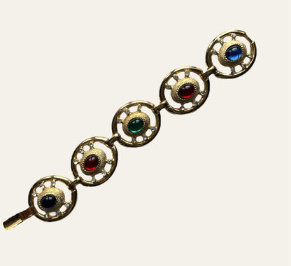 1990's Multicolor Cabochon Link Gold Tone Bracelet