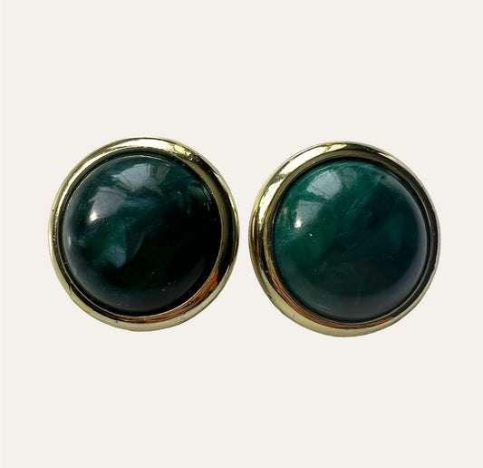 1970's Gold Tone Green Clip On Earrings