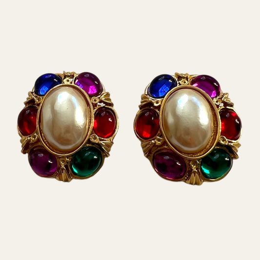 1980's Colourful Faux Pearl Clip On Earrings