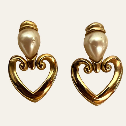 Gold Tone Heart Shaped Drop Earrings With Faux Pearls