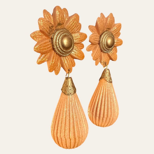 Massive Orange Flowers Clip On Dangle Earrings