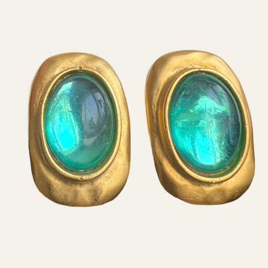 Massive Green Cabochons Clip On Earrings