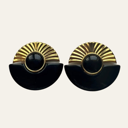 Oversized Black And Gold Tone Clip On Earrings
