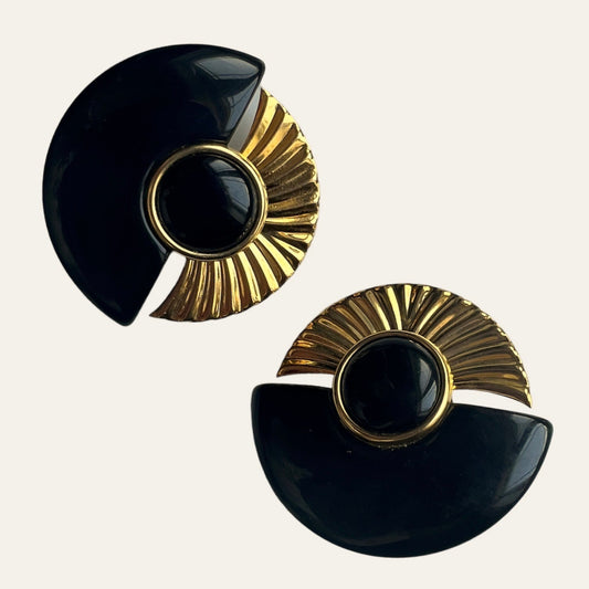 Oversized Black And Gold Tone Clip On Earrings