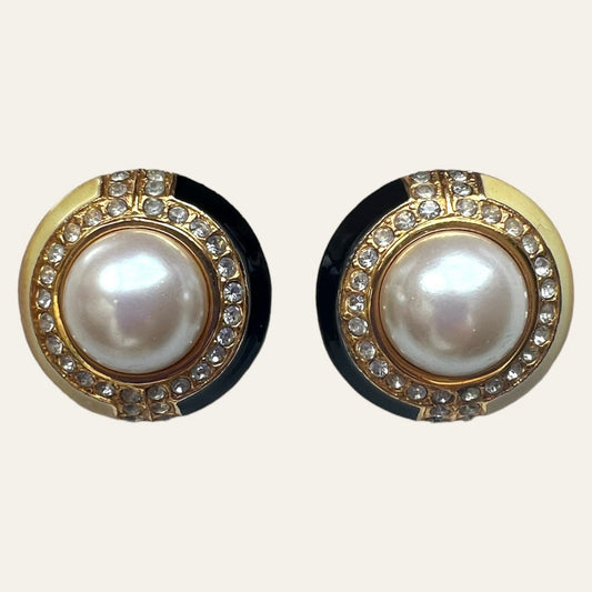Black and Cream Enamel Clip On Earrings with Faux Pearls and Clear Rhinestones