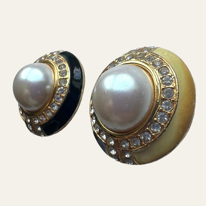 Black and Cream Enamel Clip On Earrings with Faux Pearls and Clear Rhinestones