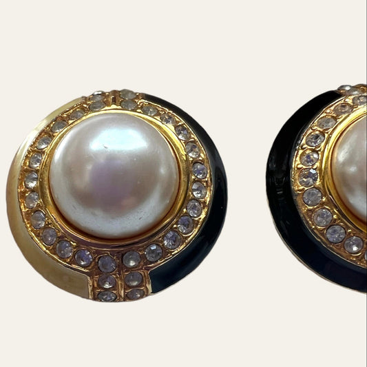 Black and Cream Enamel Clip On Earrings with Faux Pearls and Clear Rhinestones