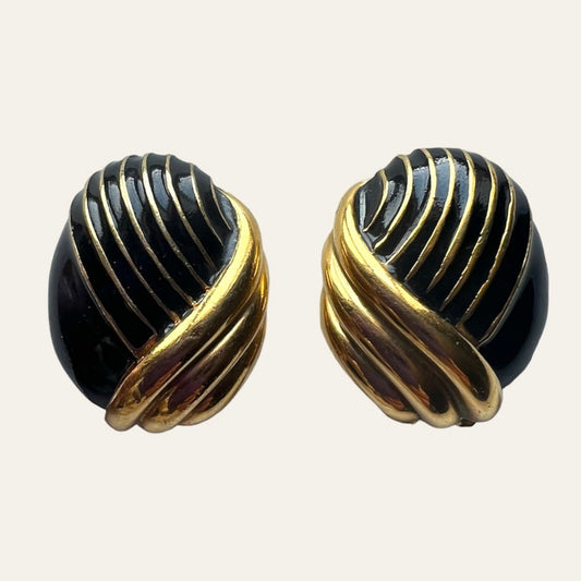 Black Enamel and Gold Tone Textured Oval Shaped Clip On Earrings