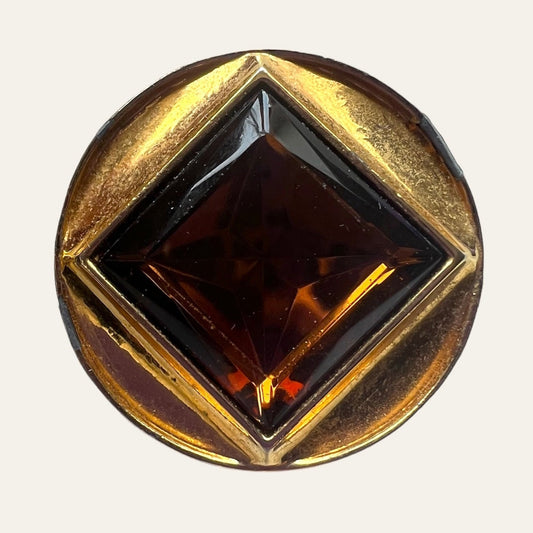 Large Circular Gold Tone Clip On Earrings With Brown Squared Rhinestones