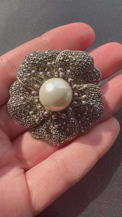 1930's Sterling Silver Marcasite and Pearl Flower Pendant
