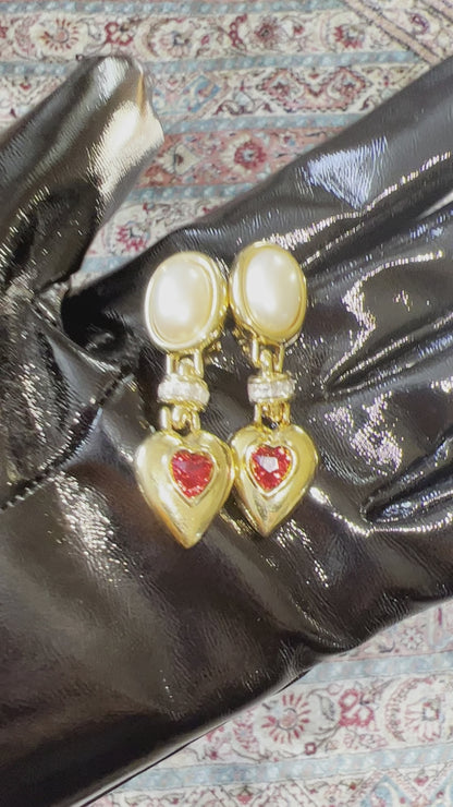 Red Heart Shaped Dangle Clip On Earrings With Faux Pearls