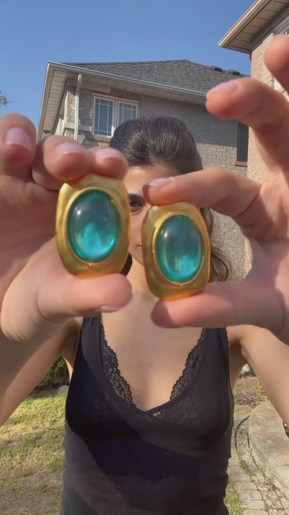 Massive Green Cabochons Clip On Earrings