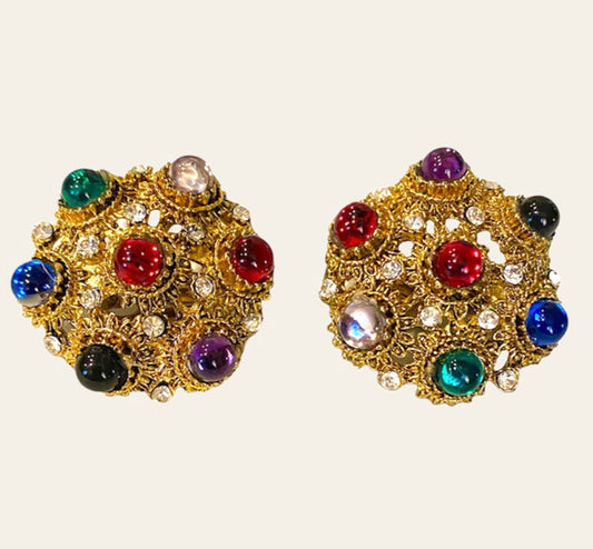 Gold Tone Clip On Earrings with Multicoloured Cabochons